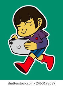 Girl Using Tablet Doodle Sticker Illustration