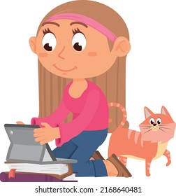 Girl using tablet. Happy kid studying on gadget