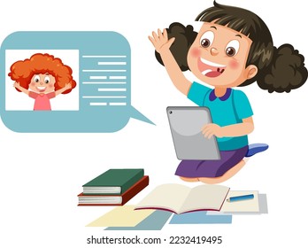 A girl using tablet for learning online illustration