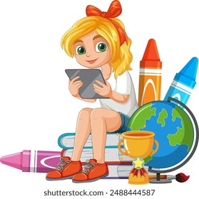 Girl using tablet surrounded by educational items