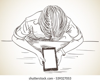 Girl using tablet Vector sketch Hand drawn illustration Top view