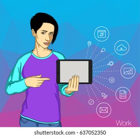 Girl using tablets. Vector illustration of young woman with flat icons of work.