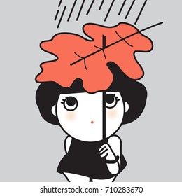 A Girl Using Taking A Large Autumn Leaf As An Umbrella Shelter In Rain Concept Card Character illustration
