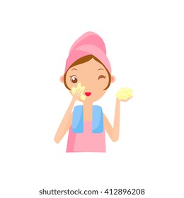 Girl Using The Tone Cream Portrait Flat Cartoon Simple Illustration In Sweet Gitly Style Isolated On White Background