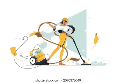 Girl using vacuum cleaner for cleaning vector illustration. Dust and mess at home flat style. Woman using electrical machine. Cleanup and cleaning service concept. Isolated on white background