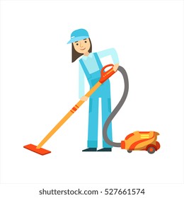 Girl Using The Vacuum Cleaner, Cleaning Service Professional Cleaner In Uniform Cleaning In The Household