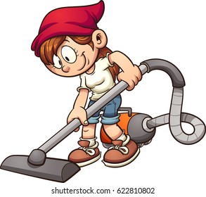 Girl using a vacuum cleaner. Vector clip art illustration with simple gradients. All in a single layer.