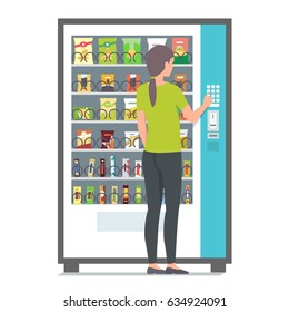 Girl Using Vending Machine With Snacks. Vector Illustration