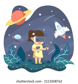 A Girl using a virtual reality VR headset exploring space and galaxy with a spaceship. Vector illustration Flat design for banner and, poster. Metaverse Concept.