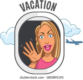 Girl vacation fly in airplane