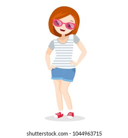 Girl in vacation - young woman on holidays, beach vacation, sunglasses on Cute vector character in flat style.