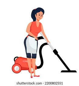 The girl is vacuuming. Flat style. Character. Vector stock illustration. Cleaning woman. A housewife. isolated. White background.
