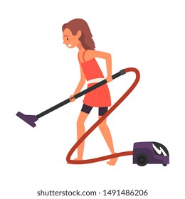 Girl Vacuuming the Floor, Child Doing Housework Vector Illustration
