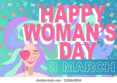 girl with Valentine Heart shaped cookie in hand. International Women's Day banner, placard or greeting card template with  young girls. Happy woman day 