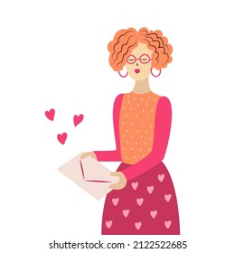 Girl with a valentine in her hands. Happy Valentine's Day. Isolated image on a white background. Template for your design.