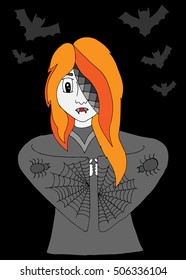 Girl vampire in clothes with a spider web and bat on the black background. For banners, labels, badges, prints, posters, web.