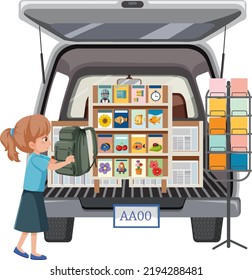 Girl and van full of books and cards illustration