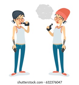 Girl Vape Smoking. Female Geek Hipster Casual Character Icon Cartoon Design. Vector Poster illustration