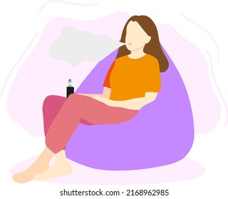 The girl is vaping while sitting in a bag chair. The vector illustration is highlighted on a white background.