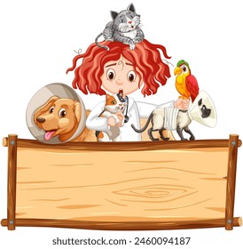 Girl with various pets on a wooden sign