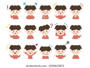 Girl in various poses and facial expressions. Vector illustration. Different emotions icon set. White background. 