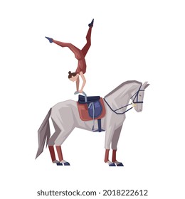 Girl Vaulting on Horse, Girl Gymnast Doing Tricks on Horse Vector Illustration