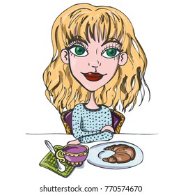 girl vector blond coffee tea illustration croissant roll morning evening