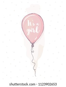 It's a Girl Vector Card. Baby Shower Vector Illustration. Pastel Color Design. Cute Watercolor Style Nursery Art. Pink Hand Drawn Balloon on a White Background. Delicate Irregular Dots Pattern. 