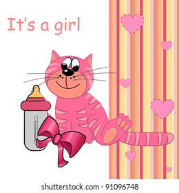 it's a girl vector card. cartoon cute pink cat toy and bow illustration for newly born baby