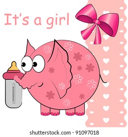 it's a girl vector card. cartoon cute pink elephant and bow illustration for newly born baby