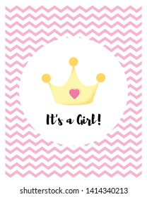 It's a girl! Vector of a cute cartoon crown with pink heart for girl. Poster for baby shower card, birthday card background. Vector Illustration