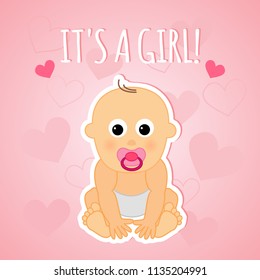 It's a girl, vector design with small cute baby. Pink cartoon baby shower greeting card.