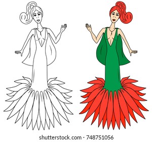 Girl vector dressed in flower dress costume colored illustration sketch