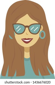 Girl vector flat illustration. Colorful illustration. Smiling girl in glasses and round earrings with red lipstick