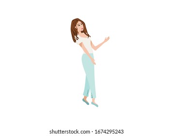 girl, vector flat illustration of girl in white t-shirt and pants on a white background