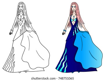 Girl vector fluffy dress marine colored illustration sketch