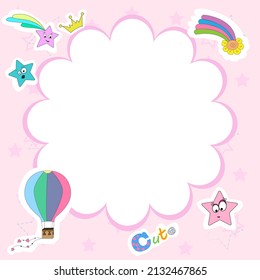 Marco vectorial para texto. Plaza de la pancarta con un lugar para la inscripción. Fondo rosa de las niñas con globo, estrellas, corona