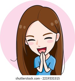 A girl in vector greets with a smile and raises her hand.