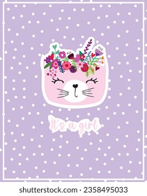 it's a girl, vector hand drawn cute cat with text.  Baby shower, vector illustration on lilac background.