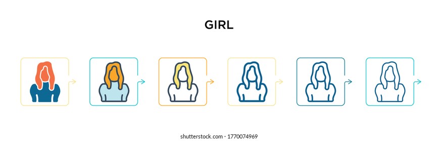 Girl vector icon in 6 different modern styles. Black, two colored girl icons designed in filled, outline, line and stroke style. Vector illustration can be used for web, mobile, ui