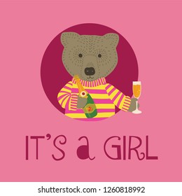 It is a girl vector Illustration with bear holding champagne bottle and flute. Invitation for baby party celebration. Meet the newborn. Animal illustration. Fun Design for invitation card. Pink.