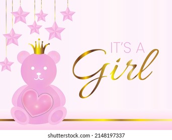 It's a Girl Vector Illustration with Pink Bear, Crown and Stars and Gold Elements