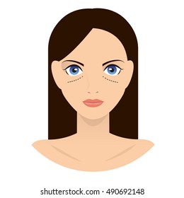 The girl vector illustration. Plastic surgery. Removing bags under the eyes illustration.