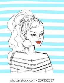 Girl vector ink with blue stripes