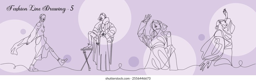 Girl vector, modern simple linear style, beauty fashion, line art drawing, continuous line drawing of a girl of various Poses Minimalism concept. Line art drawing style, purple colour background.