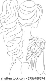 Girl vector outline with hairstyle in dress with angel wings