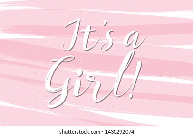 Its a girl vector postcard. Its a girl pink sparkle poster.  newborn girl child poster congratulations. 