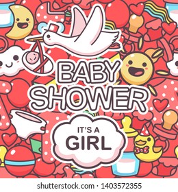 It's a girl vector seamless pattern with doodle elements. Baby shower cartoon background.