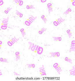 Girl. Vector seamless pattern with hand drawn words. Memphis geometric outline trendy modern style. 