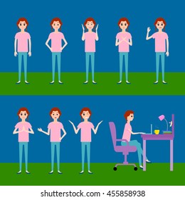 Girl vector set illustration, young female in cartoon style in different poses with various emotions, working at desk behind the laptop, wearing pink t shirt and trousers.